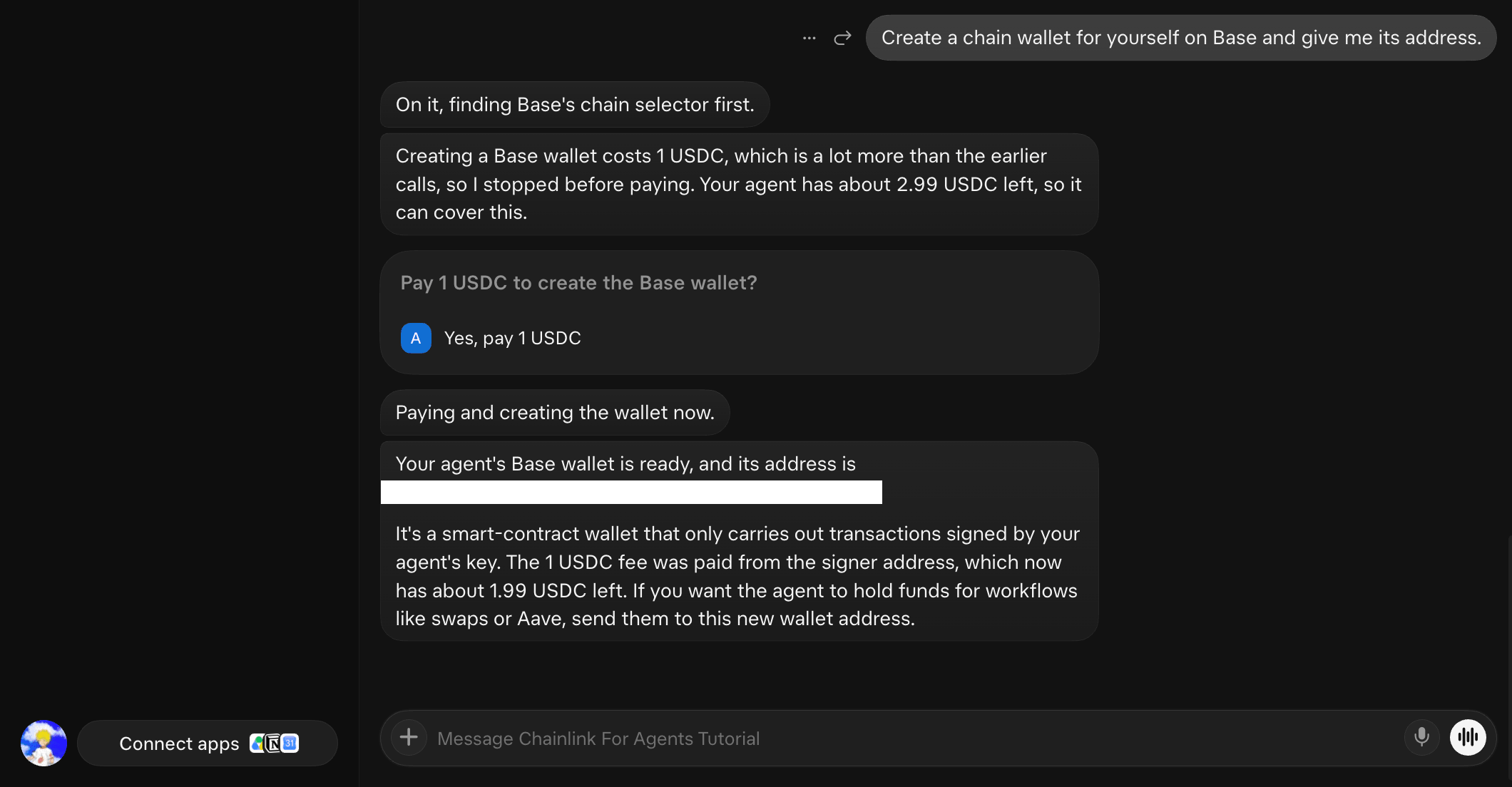 Screenshot showing the agent creating a new chain wallet on Base.