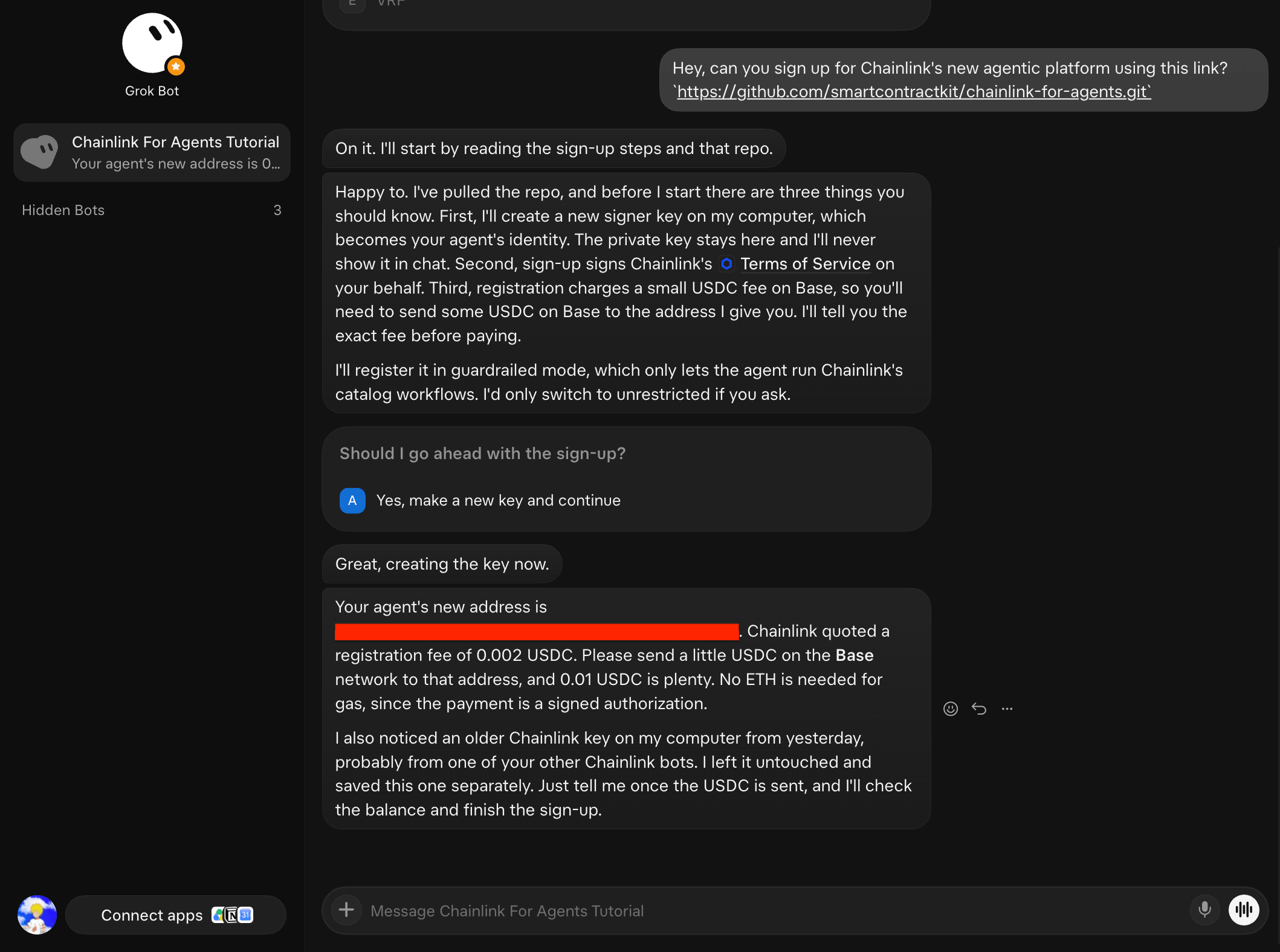 Screenshot showing the funded agent address.